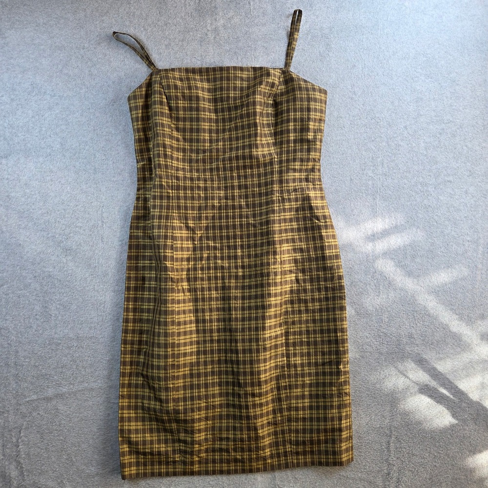 Jones & Co Silk Sheath Dress Womens Size 10 Brown Gold Plaid Square Neck